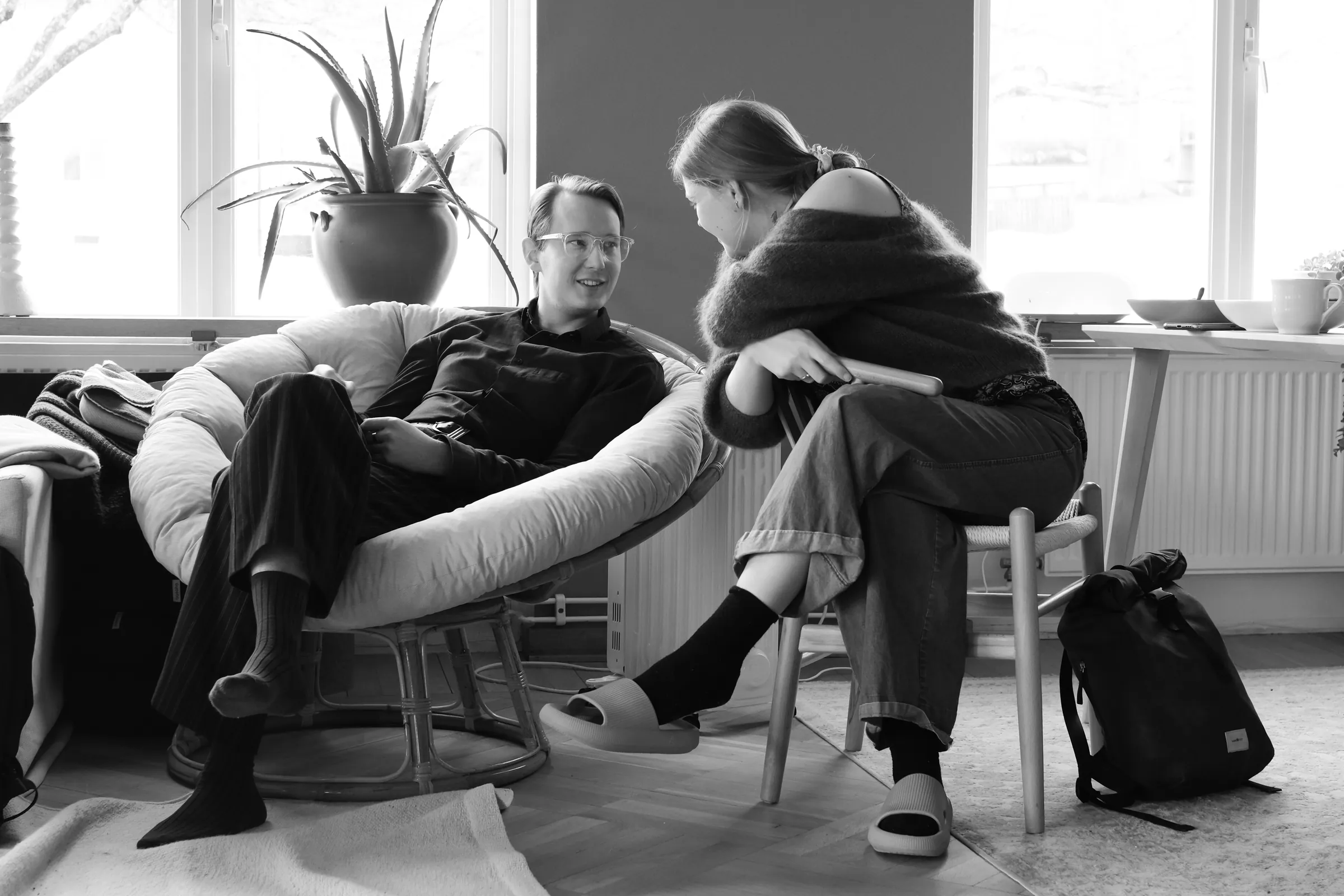 Two Lakefront residents talking together in a shared living room.