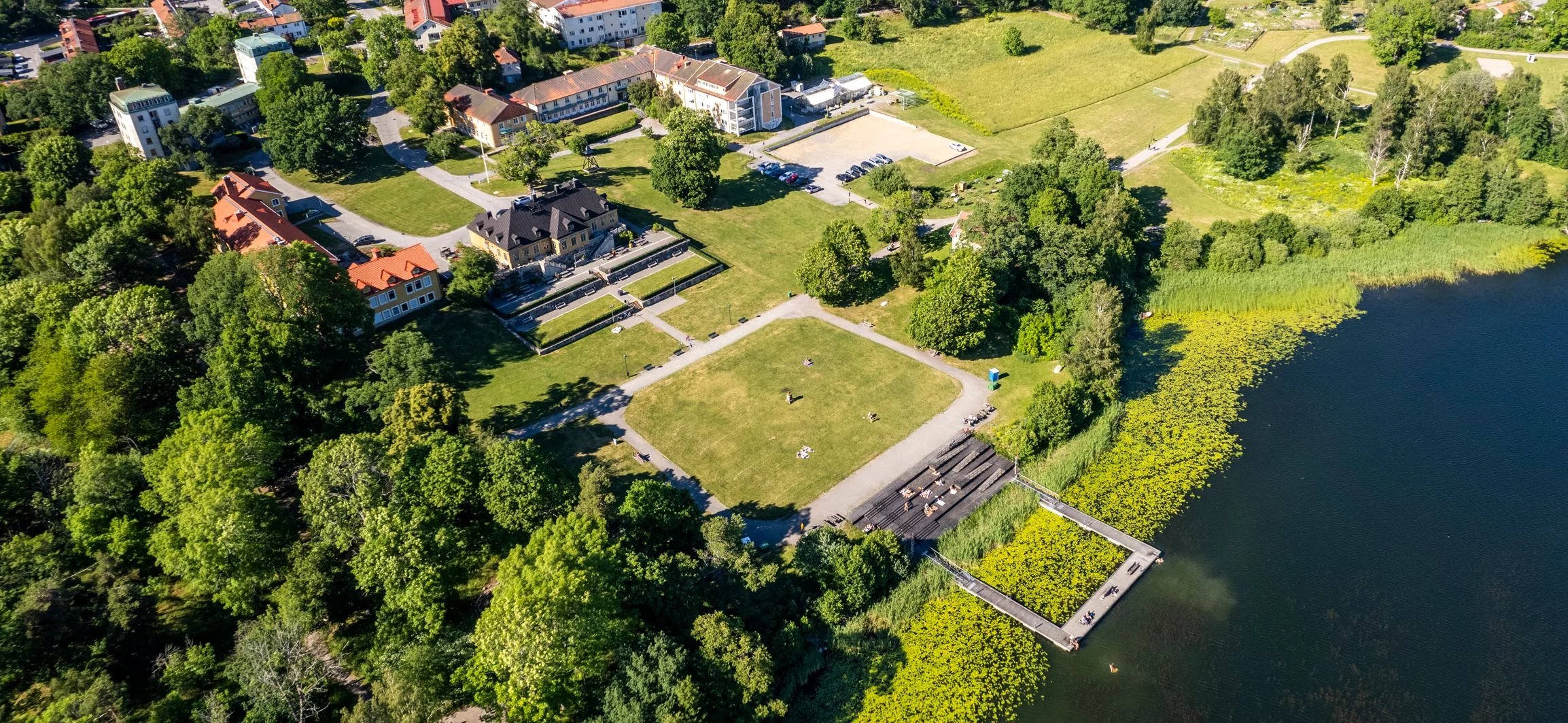 Aerial view of Lakefront, the Stora Sköndal campus and Lake Drevviken