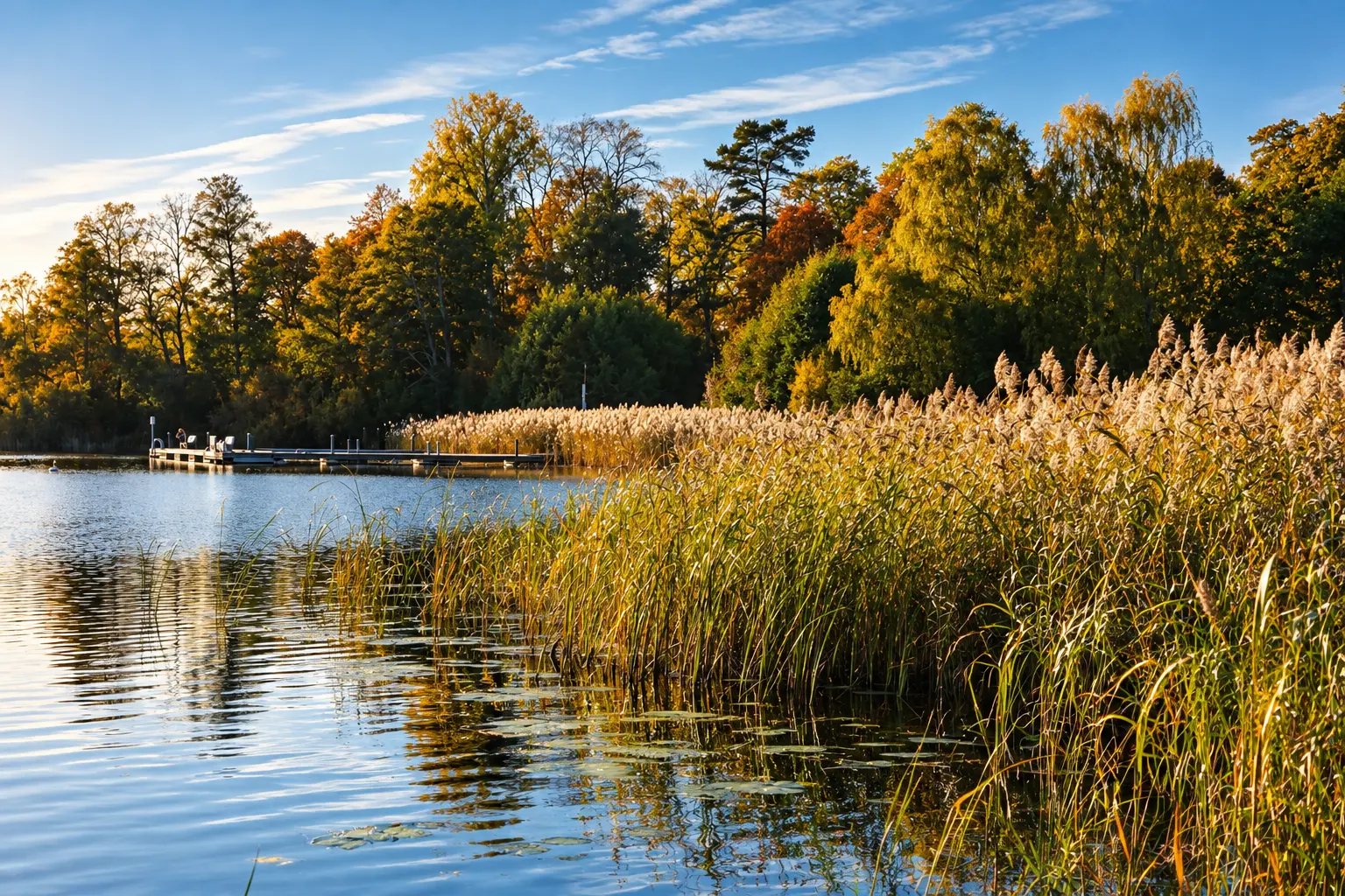Reeds and autumn trees along the shore of Drevviken at Lakefront.